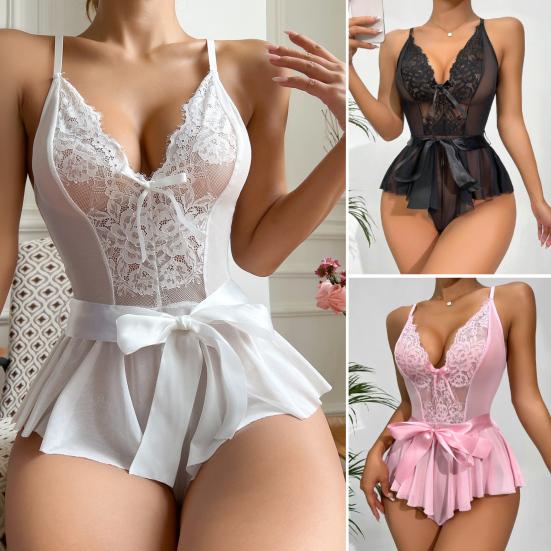 Women Bedroom Bodysuit V Neck See-through Lace Patchwork Bow Ruffle Playsuit Off Shoulder Backless Adjustable Spaghetti Strap Nightdress