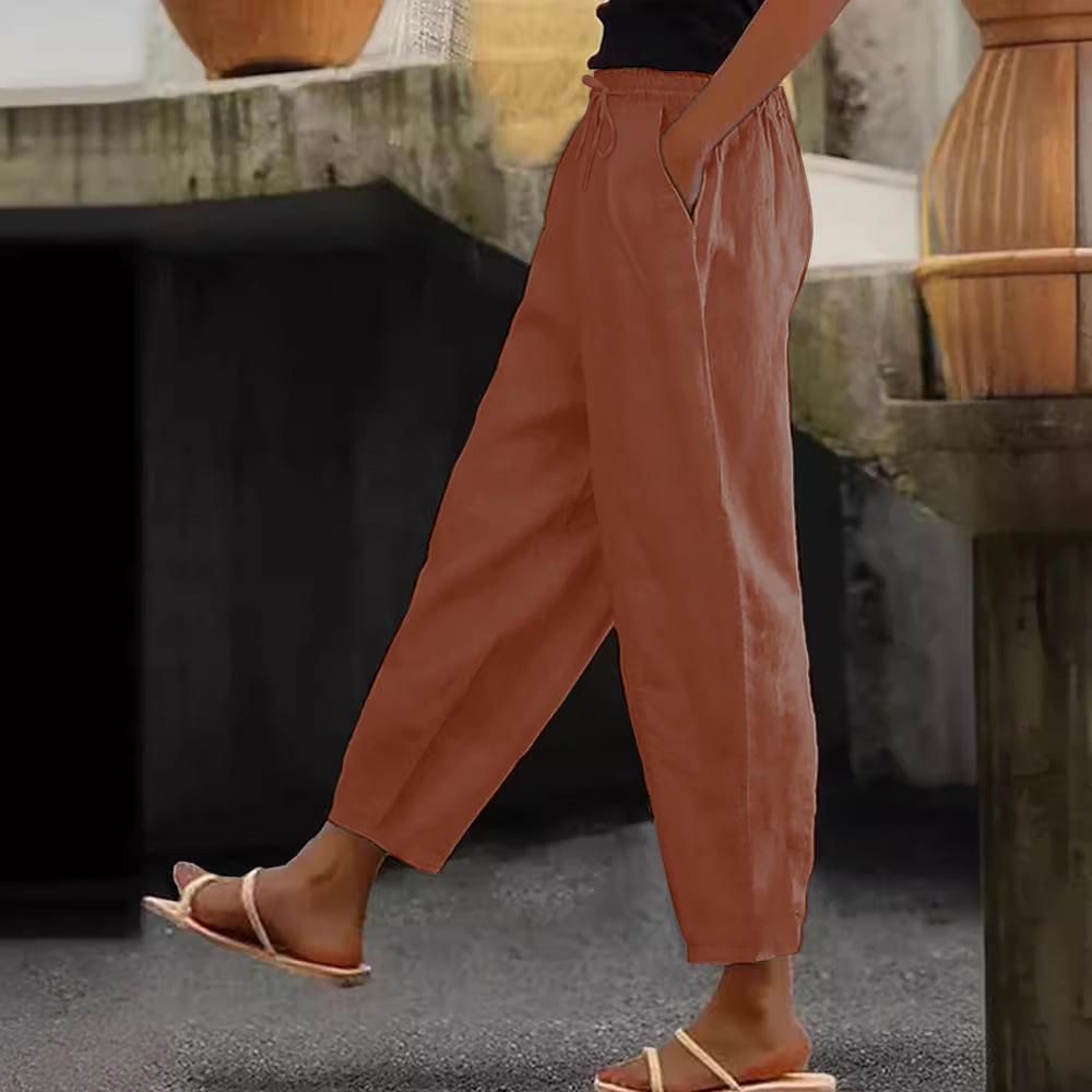 Women's Cotton Linen Solid Color Elastic Waist Casual Pants with Side Pockets, Suitable for Spring and Autumn