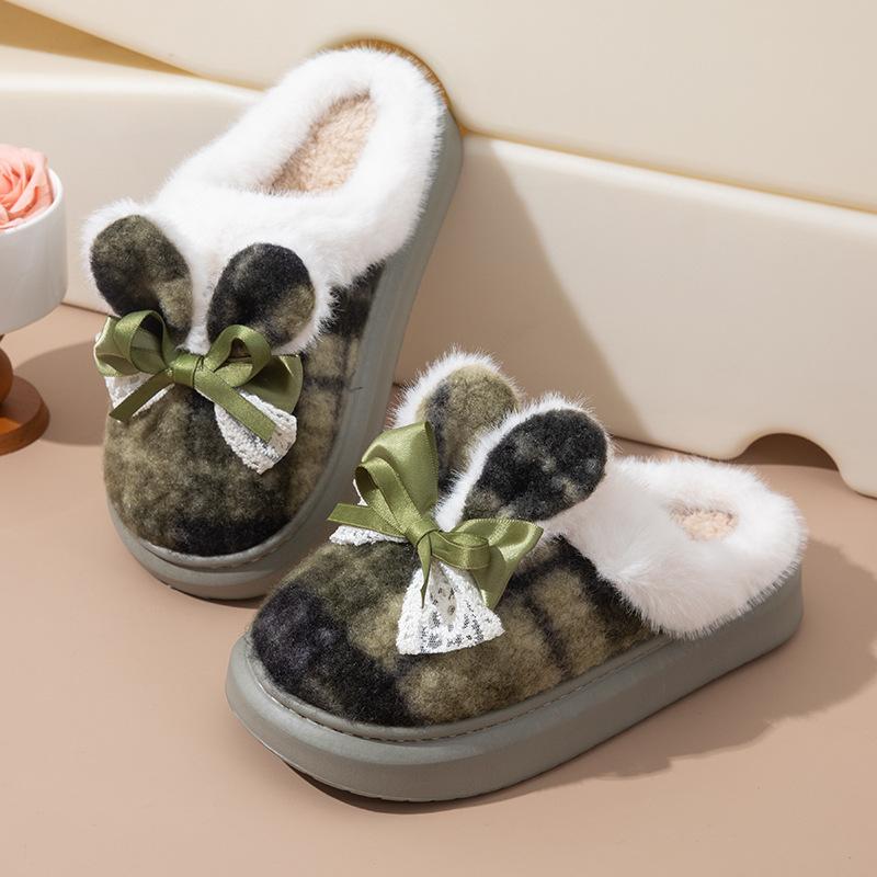 Fashion Women's Platform Cotton Slippers 2025 Autumn Winter New Fashion Bow Knot Lace Warm Home Shoes Non Slip Plush Thicken Slippers