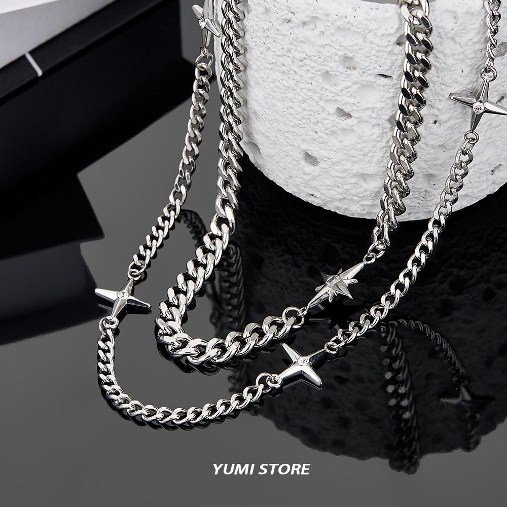 Hip Hop Double-layer Star Cross Necklace For Man Woman Titanium Steel Clavicle Chain Choker Punk Male Accessories