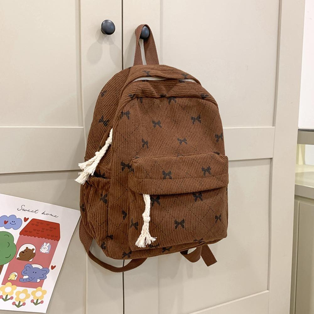 Fashion Bowknot Printed Women's Backpack Corduroy Large Capacity Students Backpack Travel Rucksack Women