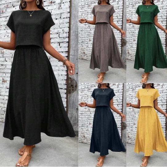 2026 summer fashion casual European and American cross-border 2-piece set women's solid color short-sleeved top and casual A-shaped skirt set