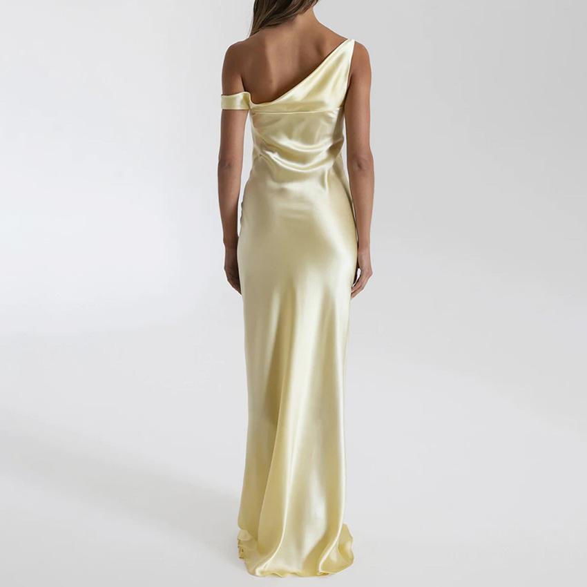 European and American Style Sexy Backless Swing Collar Diagonal Off-the-shoulder Dress High-end Sense Satin Niche Design Sense Dress Long Dress Women