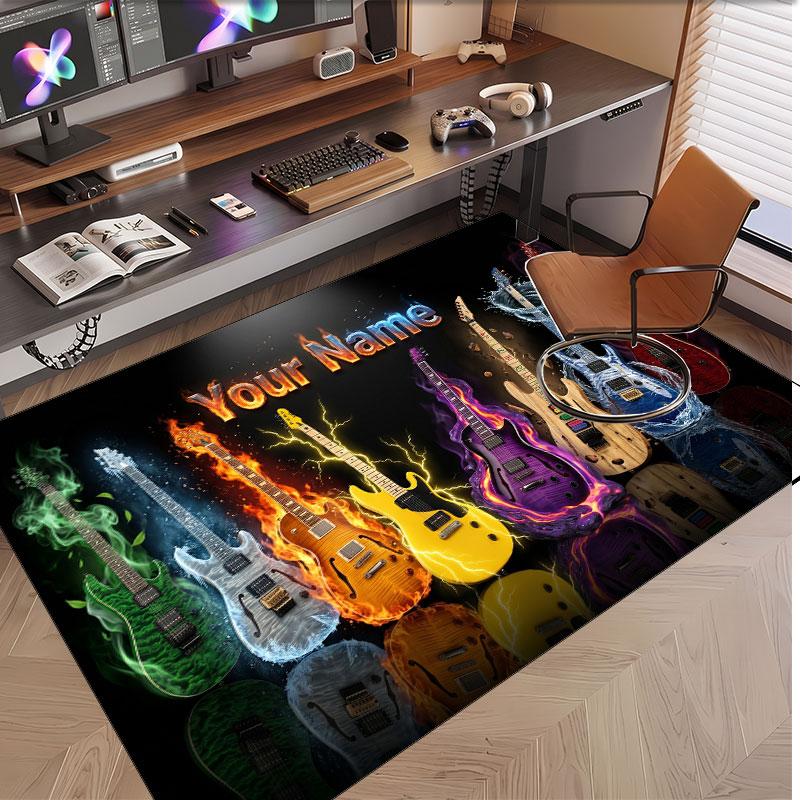 Music Guitar Theme Soft Crystal Velvet Rug Custom Name & Text Print Non Slip Floor Rug for Bedroom Living Room