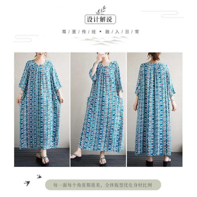 Literary Large Size Printing Women Loose Ethnic Style Dresses