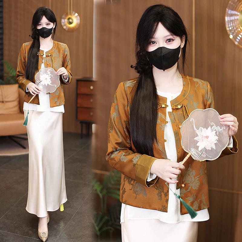 

Women s Retro Chinese Style Jacquard Jacket - Versatile Round Neck for Spring and Autumn XL золотий коричневий колір