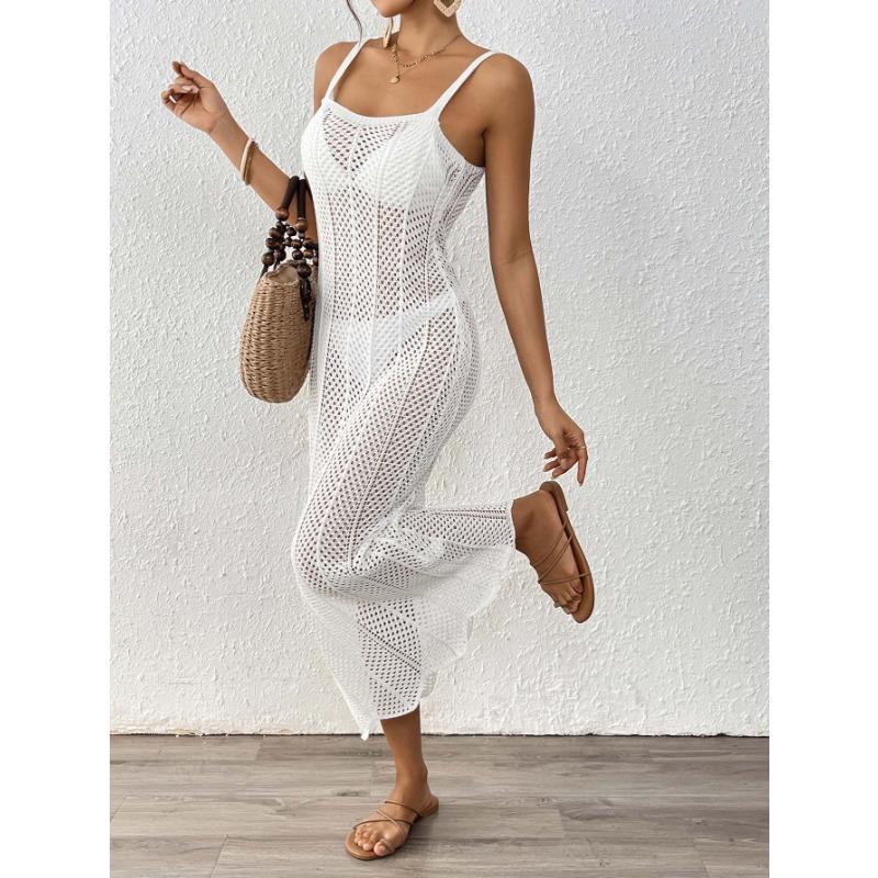 Damen Strand Gewebt Hohl Sexy Slim Fit Urlaub Neckholder Langes Kleid