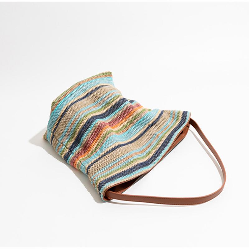 Korean Fashi Shoulder Bag, Lady Rainbow Striped Color-blocked Woven Bucket Bag Leather Strap Handbag Large Tote Bag For Travel