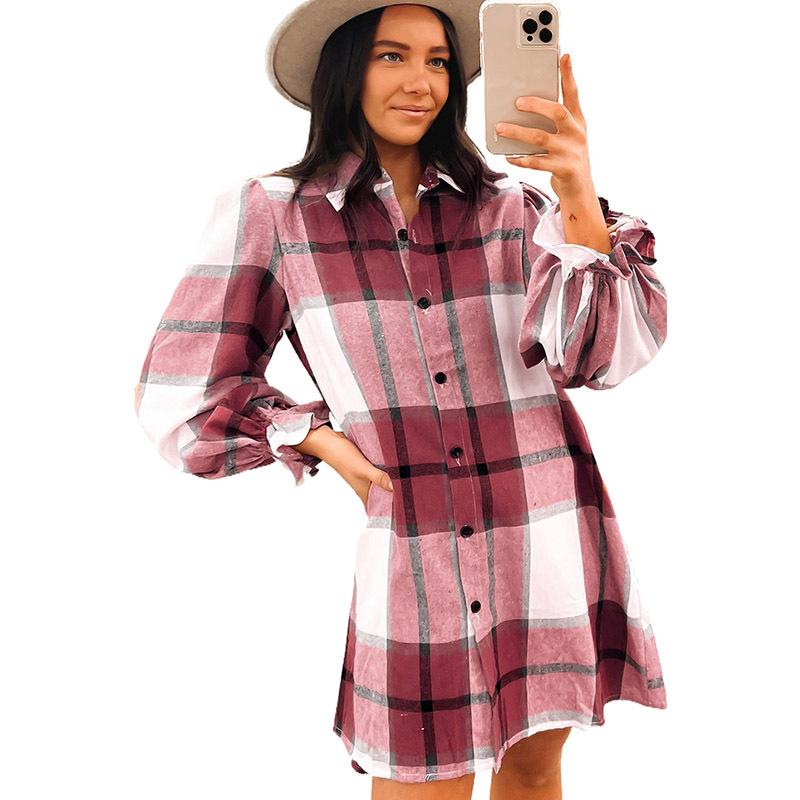 

Women s Plaid Dress Loose Casual Ruffle Knee Length Shirt Dresses S коричневий