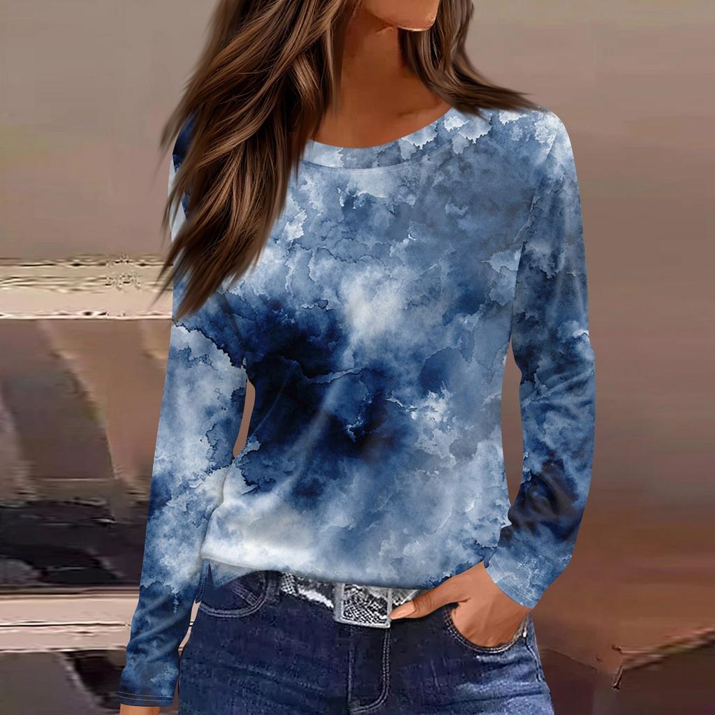 Women's Fashion Hem Slit Casual Floral Print Round Neck Long Sleeve Top