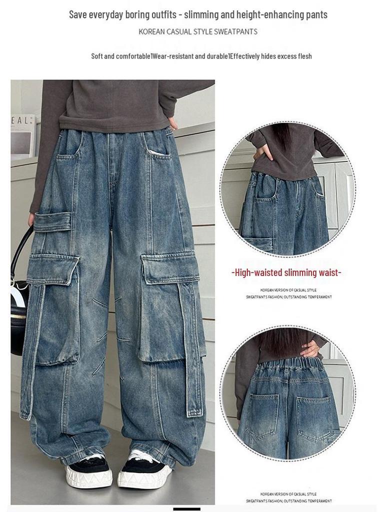 Girls' Retro Wide-Leg Cargo Jeans with Big Pockets - Distressed Loose Fit for Spring & Autumn
