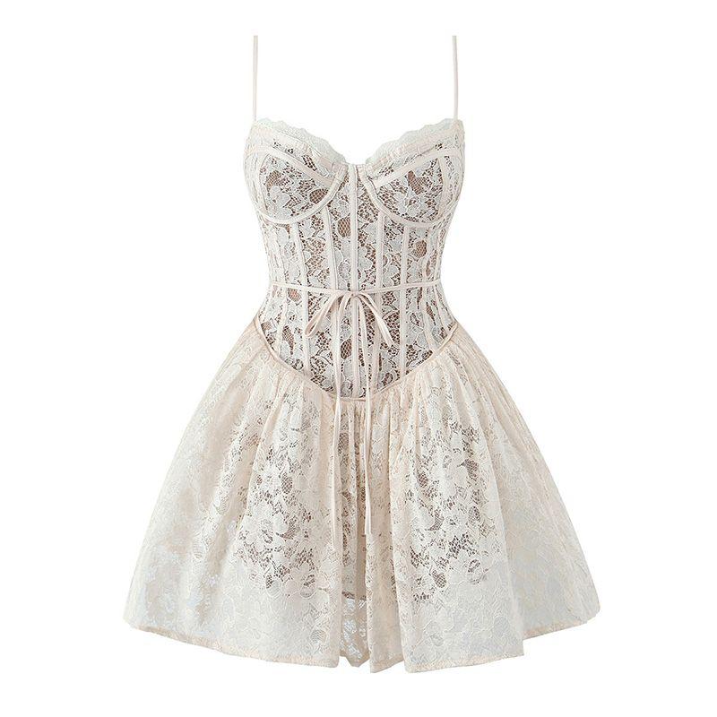 

House of the Same Style Extremely Beautiful Fairy French Pure Desire Heavy Industry Fishbone Lace Cream Apricot Sweet Spaghetti-Strap Dress Cream apricot Slip Skirt L