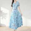 Waist Tight Floral Print Summer Women Midi Dress Streetwear Short Sleeve Dress for Party