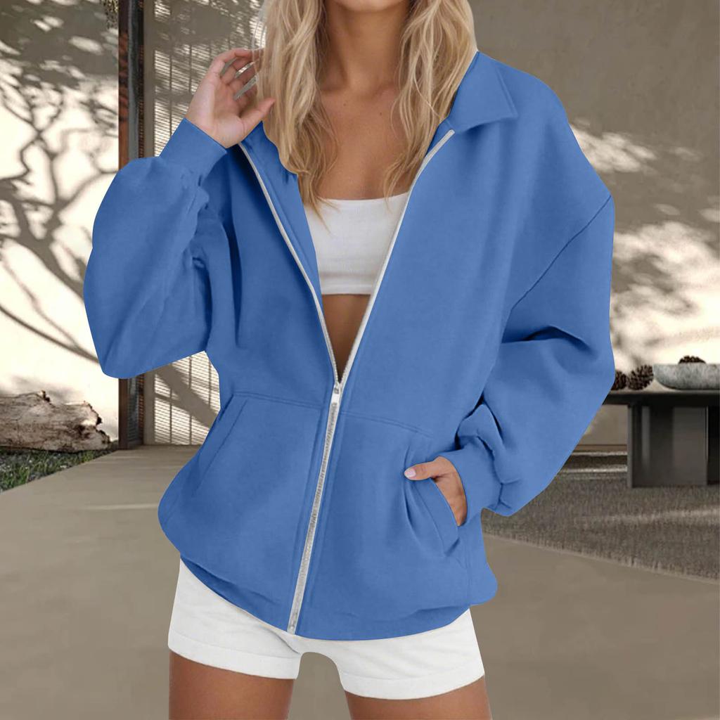 Women's  Fashion Zipper Hoodie Long Sleeve Hooded Pullover Sweatshirt Casual Solid Color Tops With Pockets