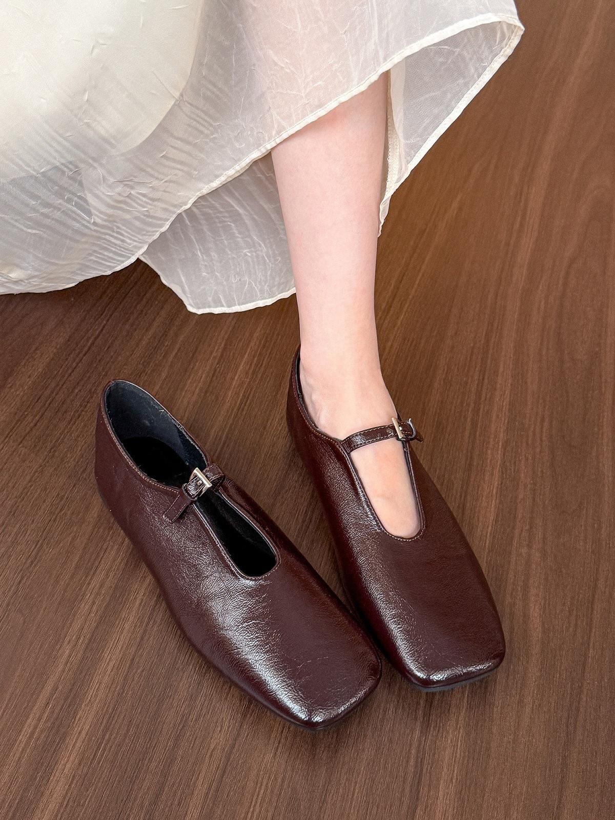 

Vintage soft leather! Burgundy square-toed leather shoes women s summer low-heeled pump-mouthed Mary Jane single shoes 35