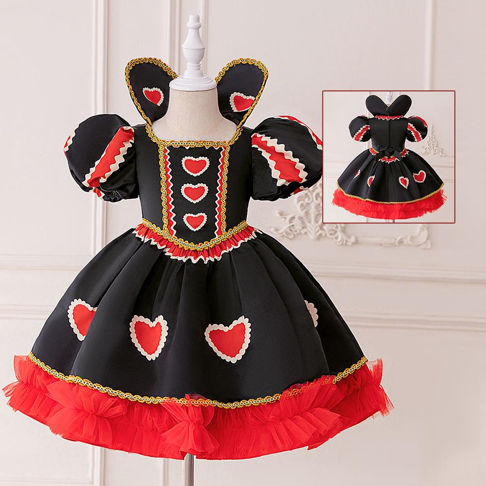 

Костюм Красной Королевы в живом исполнении для девочки: Плиссированная юбка из сатина, воротник-стойка, рукава-буфы, детское платье. 150cm/8Y чёрный