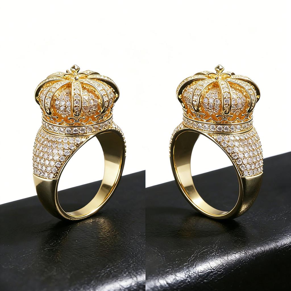 Hot Selling Crown Ring in Europe and America, Men's Electroplated 18k Gold with Zircon Inlay, High-end Hip-hop Ring