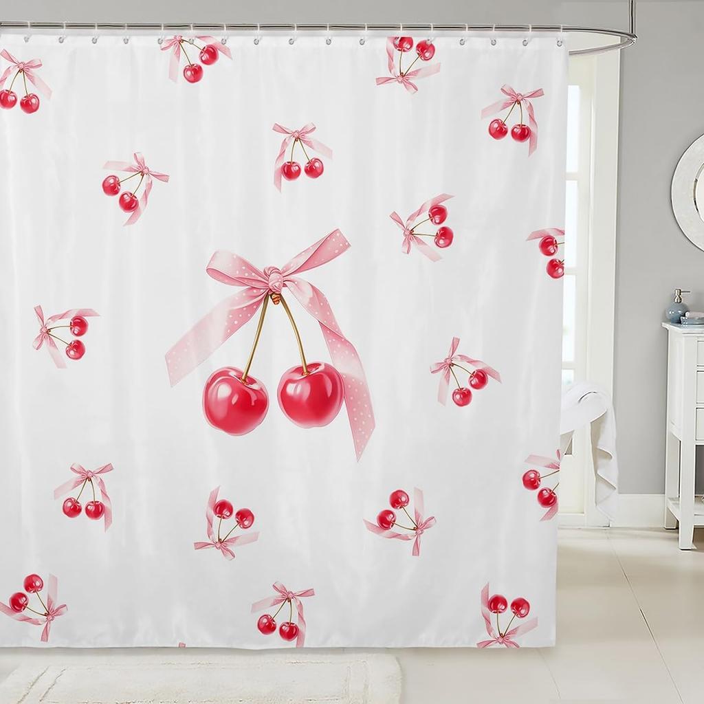 Kids Cherry Bathroom Shower Curtain Set Cherry Pattern Shower Curtain Boys Girls Cute Fruit Bath Curtain for Cartoon Fruit