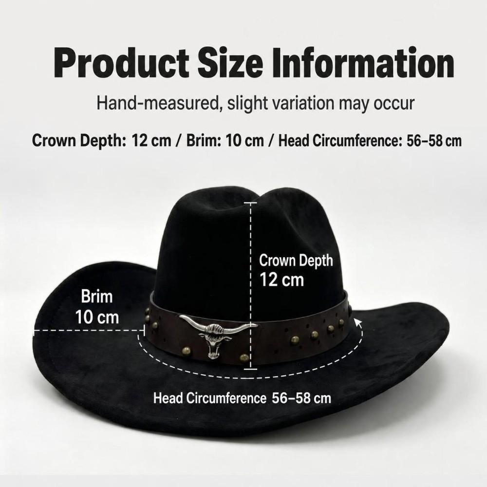 Wide Brim Western Cowboy Hat Ox Head Decorative Studded Leather Cap Tibetan Style Top Hat  Party