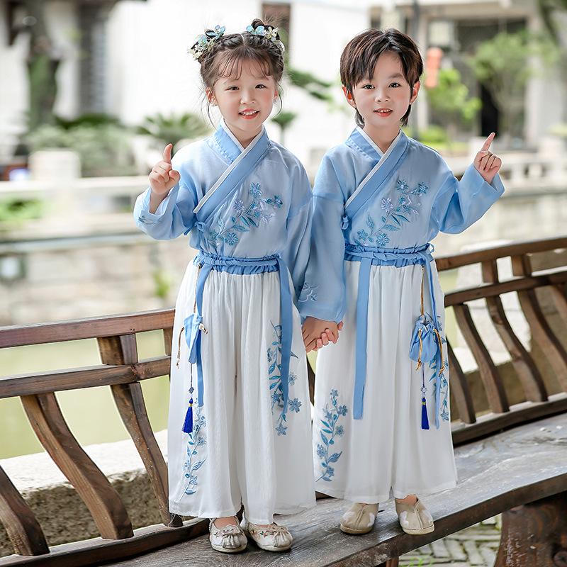 Kids' Hanfu Autumn Performance Costume Set: Tang Suit Robe & Pouch for Boys and Girls (2023)