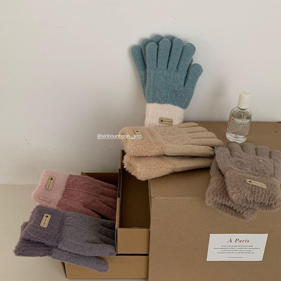 Jintai Korean Version of Winter Thickened Color Blocking Gloves Warm Plush Double Layer Touch Screen Split Knitted Female Cycling Student