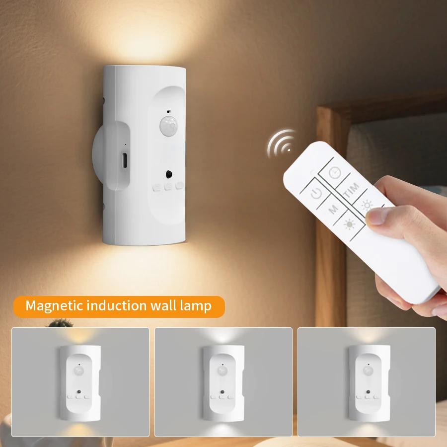 LED Motion Sensor Wall Lamp Dual Head Night Light 3 Color Dimmable Wireless Magnetic Spotlight For Bedroom Closet Stair Lighting