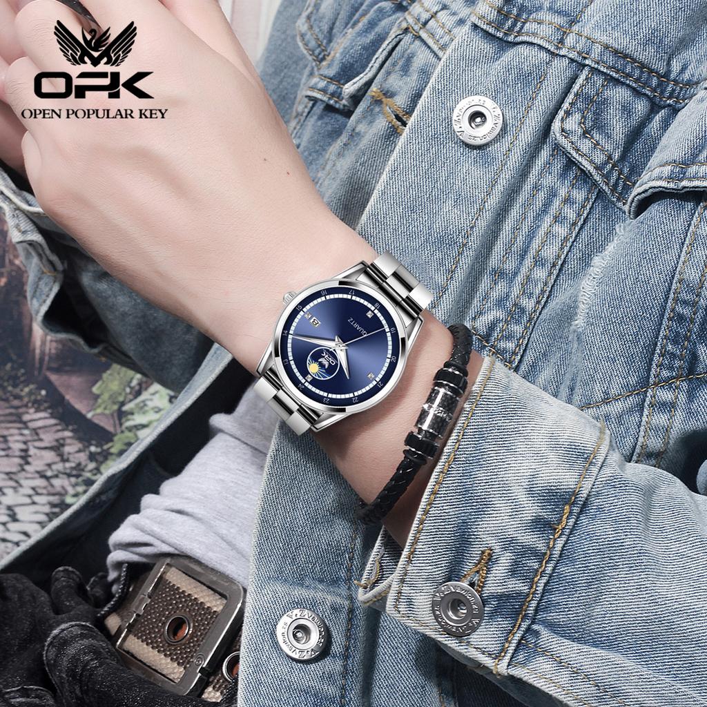 OPK 8146 Men Original Quartz Movement Watch Steel Strip Daily Life Waterproof Calendar Window Night Light Watch For Men