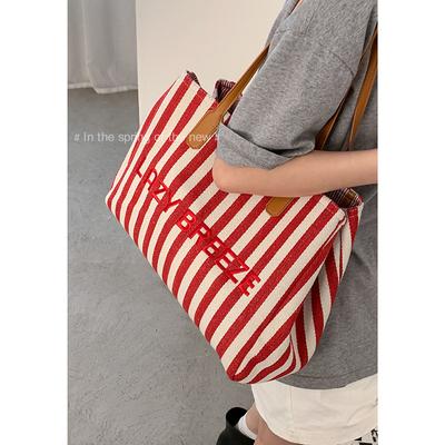 Casual Large-capacity Underarm Bag Women's  New Striped Canvas Bag Fashionable Shoulder Tote Bag