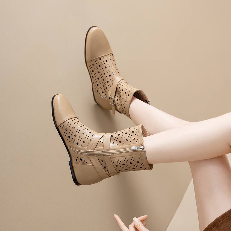 Krazing Pot Cow Split Leather Round Toe Size 43 Increaseing Summer Boots Fashion Hollow Decorations Buckle Summer Boots