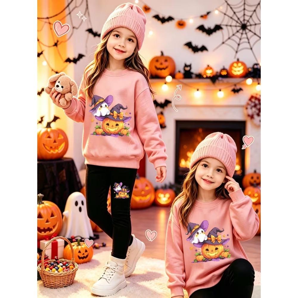 Girls' Pumpkin Ghost Casual Comfortable Soft Loose Pullover Sweatshirt and Leggings 2-Piece Set, New Autumn/Winter, Playful, Sweet and Cool Style
