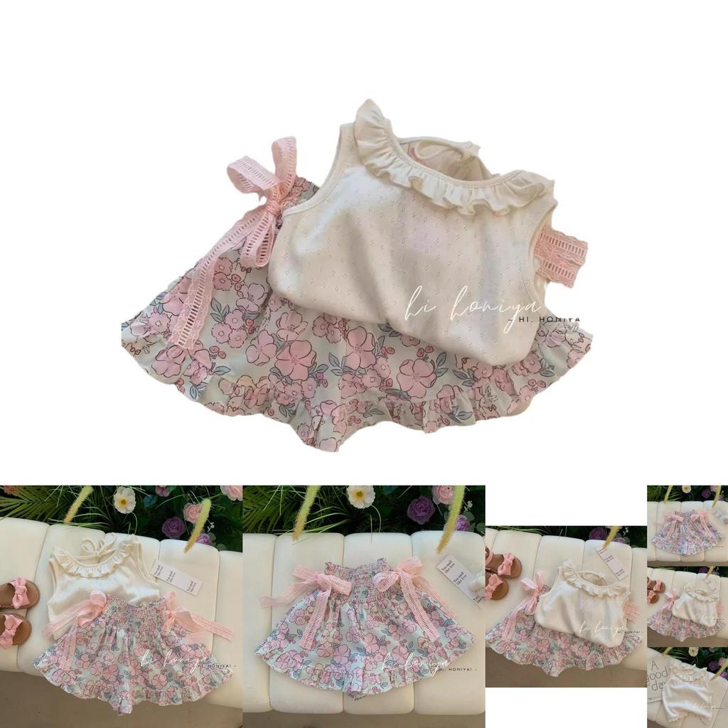 Niedliches Prinzessinnen-Stil zweiteiliges Set für kleine Mädchen mit weichem floralem Stoff für den Sommer