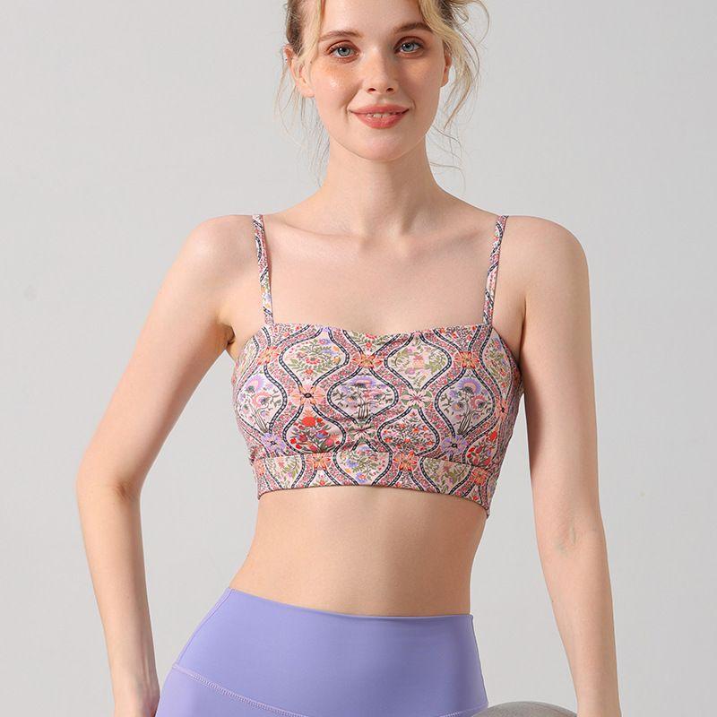 Retro Print Strap Sports Bra Women's Chest Pad Workout Underwear Yoga Clothes Vest Suit Push up Tube Top
