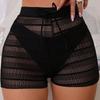 Damen Hohe Taille Strick Strandshorts Schwarz Durchsichtiges Netz Ausgeschnitten Badeshorts mit Kordelzug
