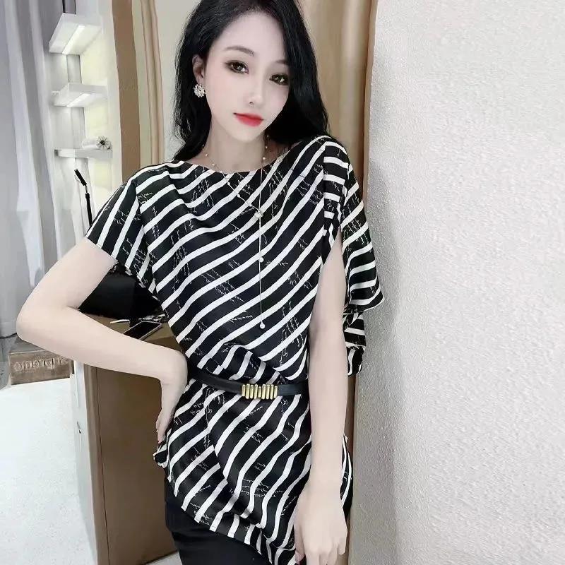 

Женская летняя тонкая футболка с коротким рукавом и поясом, свободный полосатый топ, уменьшающий возраст XS чёрный