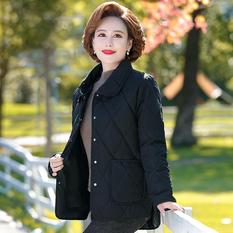 Dámský podzimní/zimní lehký a hřejivý bavlněný kabát - Módní krátká prošívaná bunda pro ženy středního a staršího věku.