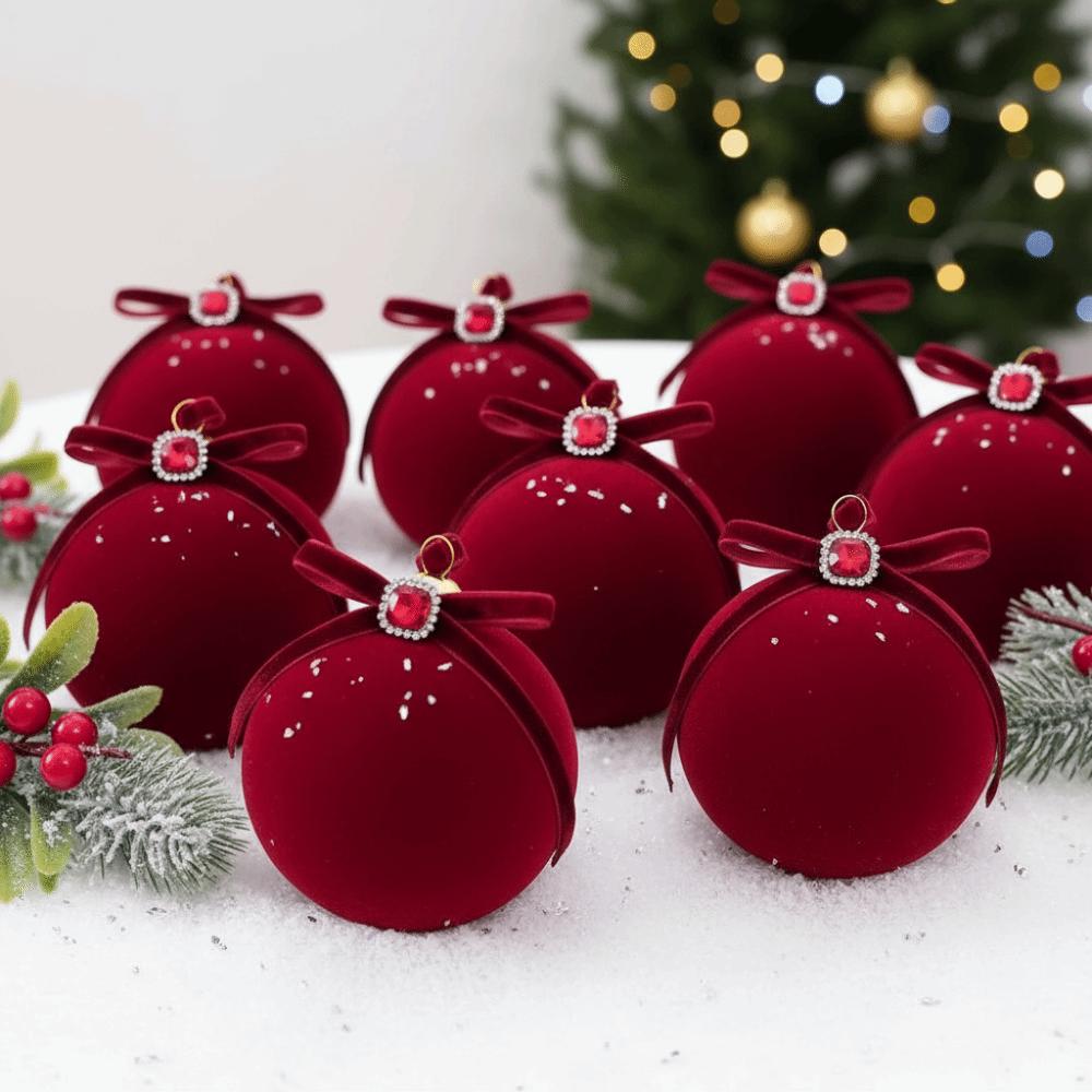 Shatterproof Plastic Flocked Xmas Baubles Flocked Velvet 8cm Tree Baubles Christmas Balls Ceiling