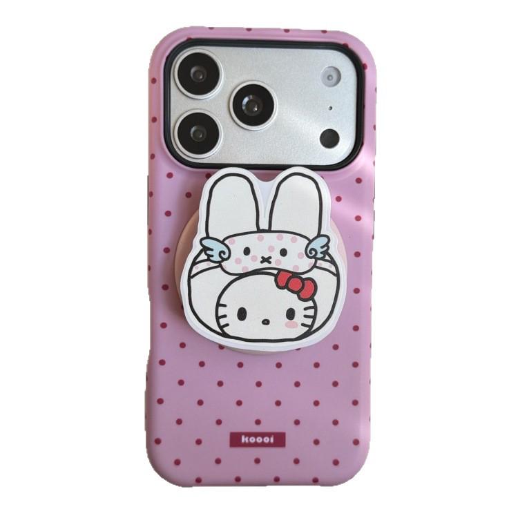 Japanese Korean Pink Polka Dot Magnetic Phone Case for iPhone 15 Pro/16 Pro Max, Small Rabbit Design