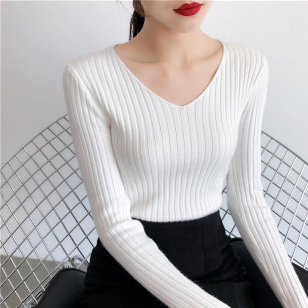 V-neck Sweater, Knitted Sweater, Women's Sweater, Stretch Sweater, Pullover Sweater, Slim Fit Sweater, Base Coat, Inner Layer, Top Coat