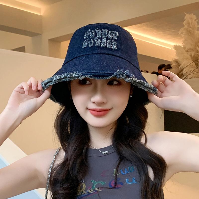 New denim rough edge bucket hat women's versatile embroidered bow basin hat show face small temperament sun hat