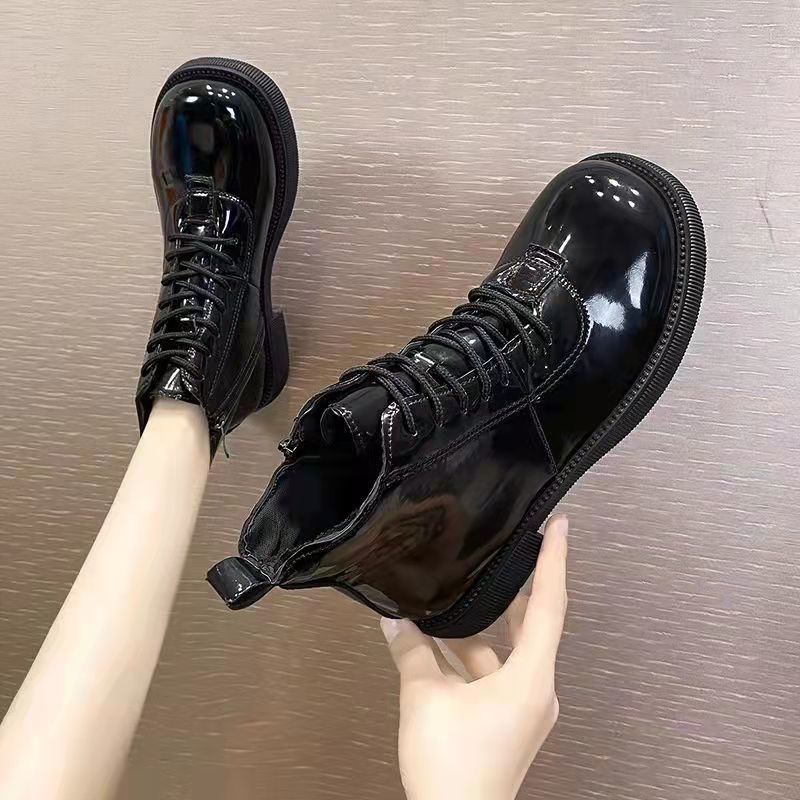 Fashion Black Short Shoes for Women Female Ankle Boots Lace-up with Laces Leather Round Toe Footwear Booties Comfortable and Elegant Y2k