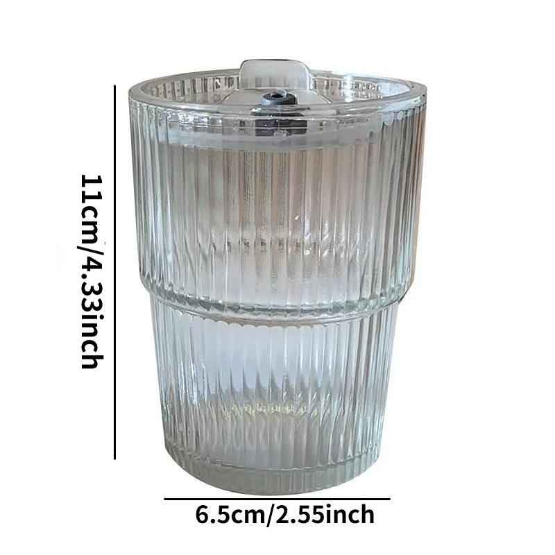 450MLTransparent Glass Coffee Mug with Lid and Straw, Stylish Vertical Stripes Design, Perfect for Iced Americano Latte Milk Tea