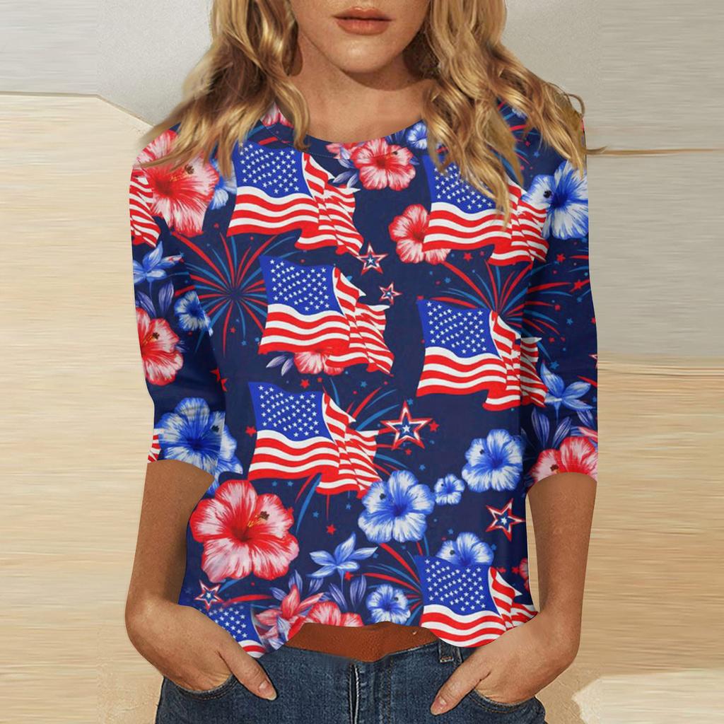 Women's Independence Day Print Round Neck Seven-Eighths Sleeve Top
