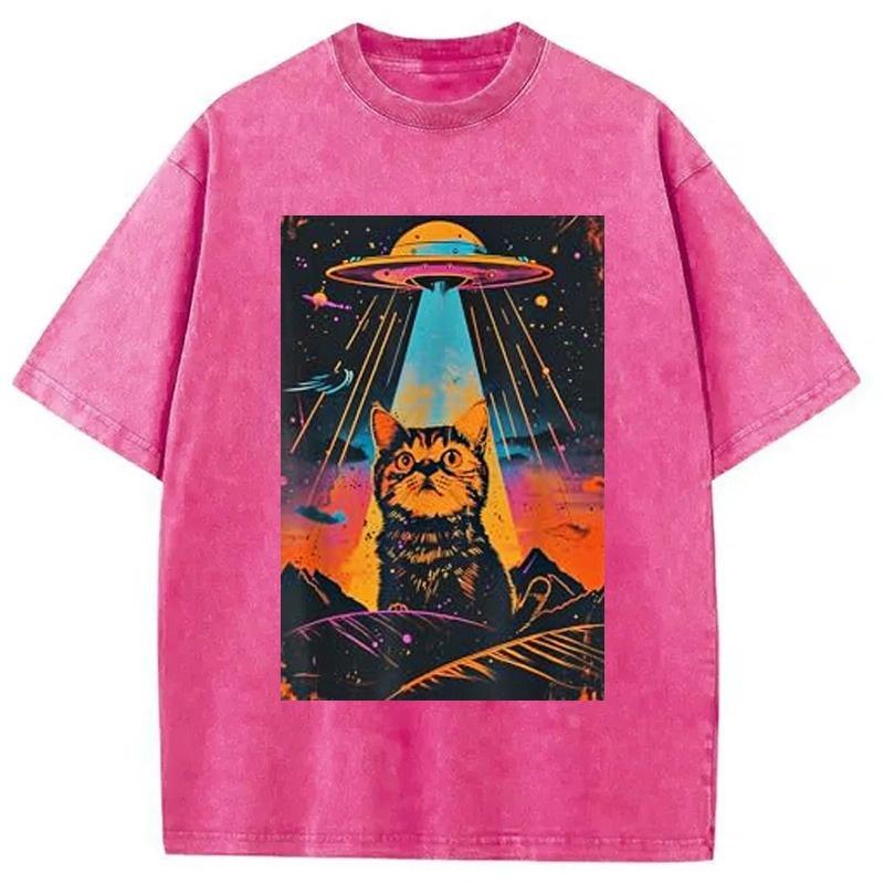 Catzilla Vintage Funny Cute Cat Washed T-Shirt Unisex Anime Printing Short Sleeve Holiday Summer Dropped Shoulder Oversized