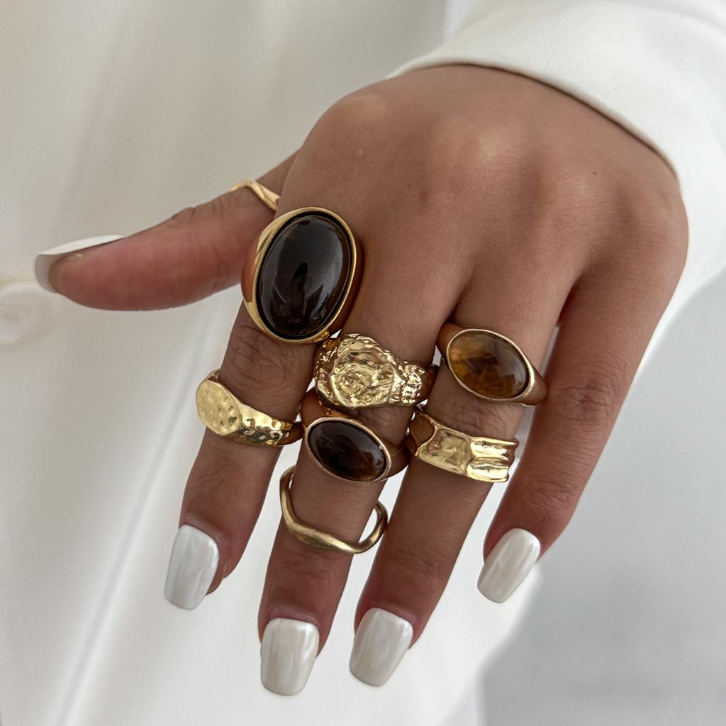 8Pcs/Set Vintage Brown Stone Open Rings for Women Geometric Irregular Texture Index Finger Rings Set Simple Jewelry Accessories