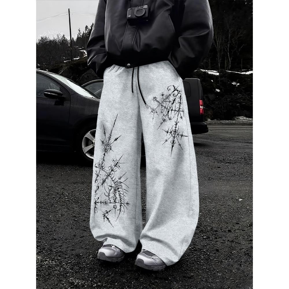 Schwarze Weite Hosen, Streetwear mit Dramatischen Weißen Flammenmustern, Lockerer Schnitt, Ganztägiger Komfort, Verbessern Sie Ihr City Fashion Game