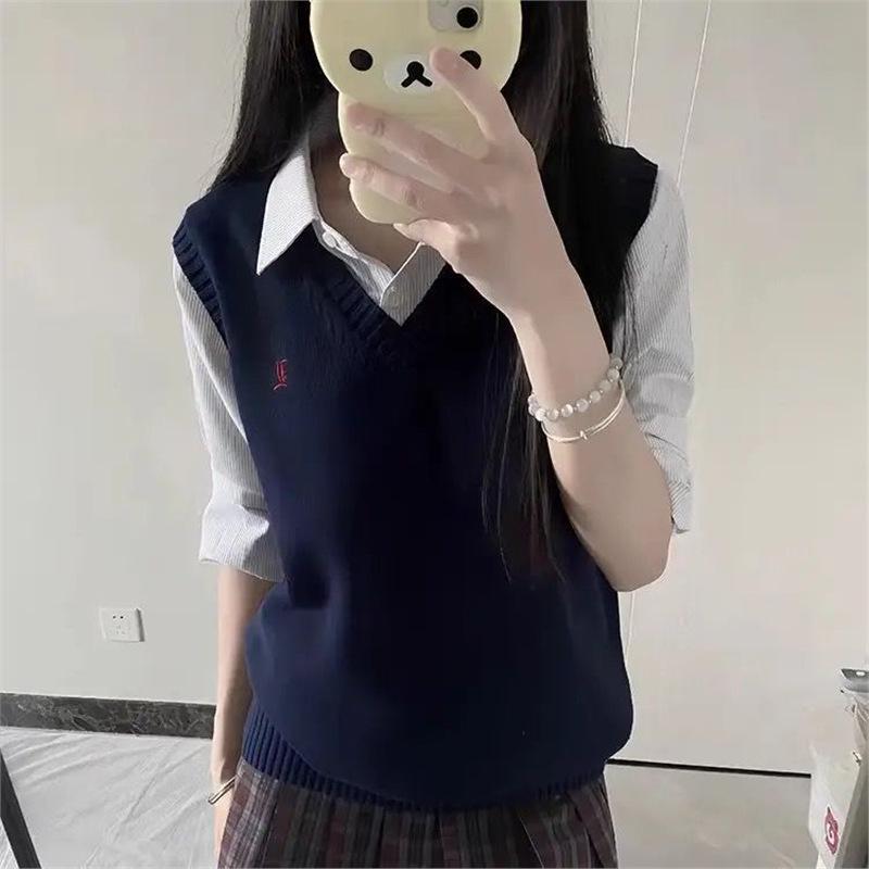 Japanese School-Style Embroidered V-Neck Knitted Vest for Women