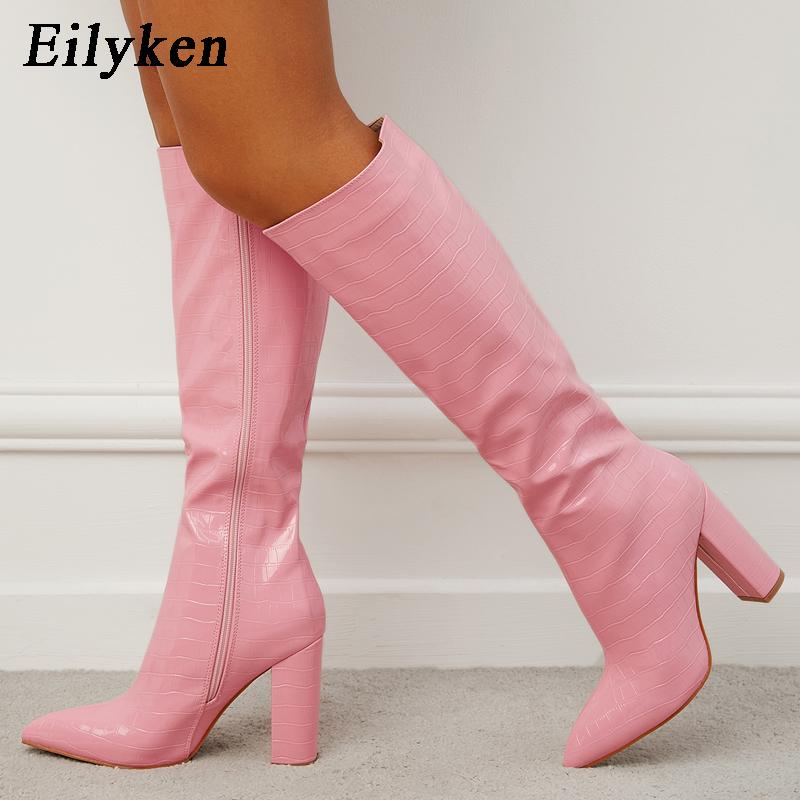 Eilyken Winter Serpentine Knee Boots For Women Designer Chunky High Heel Shoes Zipper Long Thigh High Botas Mujer