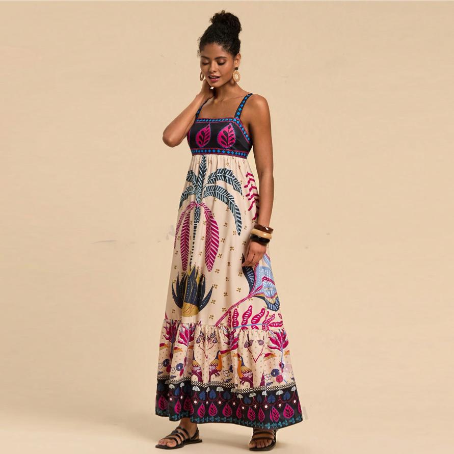 

Женское летнее платье в стиле бохо с цветочным принтом, бретельками на тонких бретельках, квадратным вырезом, оборками, повседневное струящееся платье А-силуэта для пляжной вечеринки, длинное платье-сарафан без рукавов для женщин XL