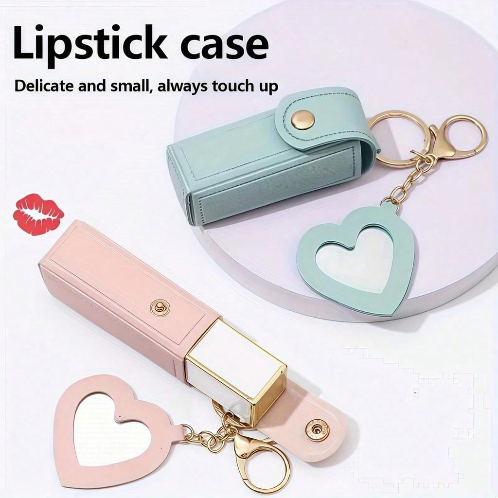 Solid Color Long Lipstick Makeup Bag + Heart-Shaped Small Mirror Pendant] Lipstick Storage Tool, Mini Lip Balm Organizer