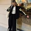 Casual European and American Women's Color Matching Suit Zipper Stand-up Neck Cardigan Jacket Elastic Sweatpants Striped Two-piece Set